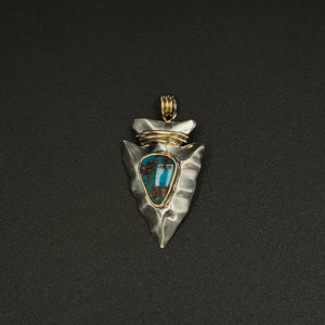 Sterling Silver Arrowhead Pendant with Bisbee Turquoise and 18k Bail / Bezel