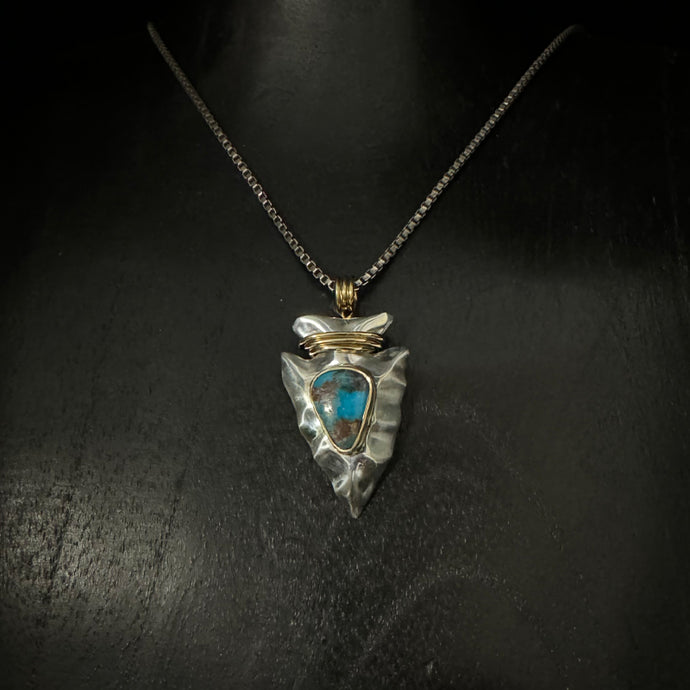 Sterling Silver Arrowhead Pendant with Bisbee Turquoise and 18k Bail / Bezel