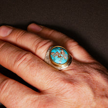 Load image into Gallery viewer, Bisbee Turquoise Saddle Ring, Tufa Cast with 18k Gold Bezel, Size 11.5