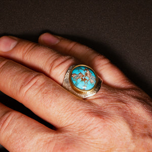 Bisbee Turquoise Saddle Ring, Tufa Cast with 18k Gold Bezel, Size 11.5