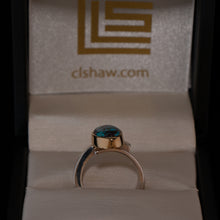 Load image into Gallery viewer, Very rare high grade Bisbee Turquoise contemporary ring with a southwestern kiss