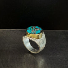 Load image into Gallery viewer, Bisbee Turquoise Saddle Ring, Tufa Cast with 18k Gold Bezel, Size 11.5