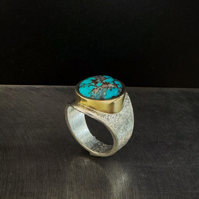 Bisbee Turquoise Saddle Ring, Tufa Cast with 18k Gold Bezel, Size 11.5