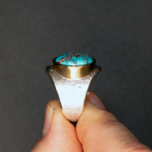 Load image into Gallery viewer, Bisbee Turquoise Saddle Ring, Tufa Cast with 18k Gold Bezel, Size 11.5
