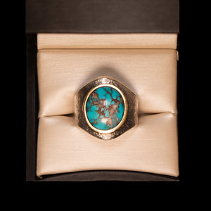 Bisbee Turquoise Saddle Ring, Tufa Cast with 18k Gold Bezel, Size 11.5
