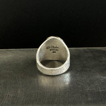 Load image into Gallery viewer, Bisbee Turquoise Saddle Ring, Tufa Cast with 18k Gold Bezel, Size 11.5