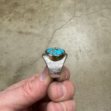 Load image into Gallery viewer, Bisbee Turquoise Saddle Ring, Tufa Cast with 18k Gold Bezel, Size 11.5