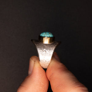 No. 8 Turquoise Saddle Ring, Tufa Cast with 18k Gold Bezel, Size 11