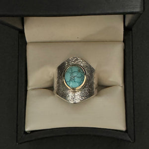 No. 8 Turquoise Saddle Ring, Tufa Cast with 18k Gold Bezel, Size 11