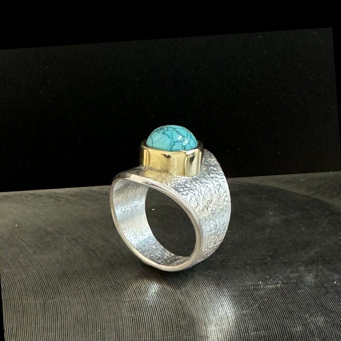 No. 8 Turquoise Saddle Ring, Tufa Cast with 18k Gold Bezel, Size 11